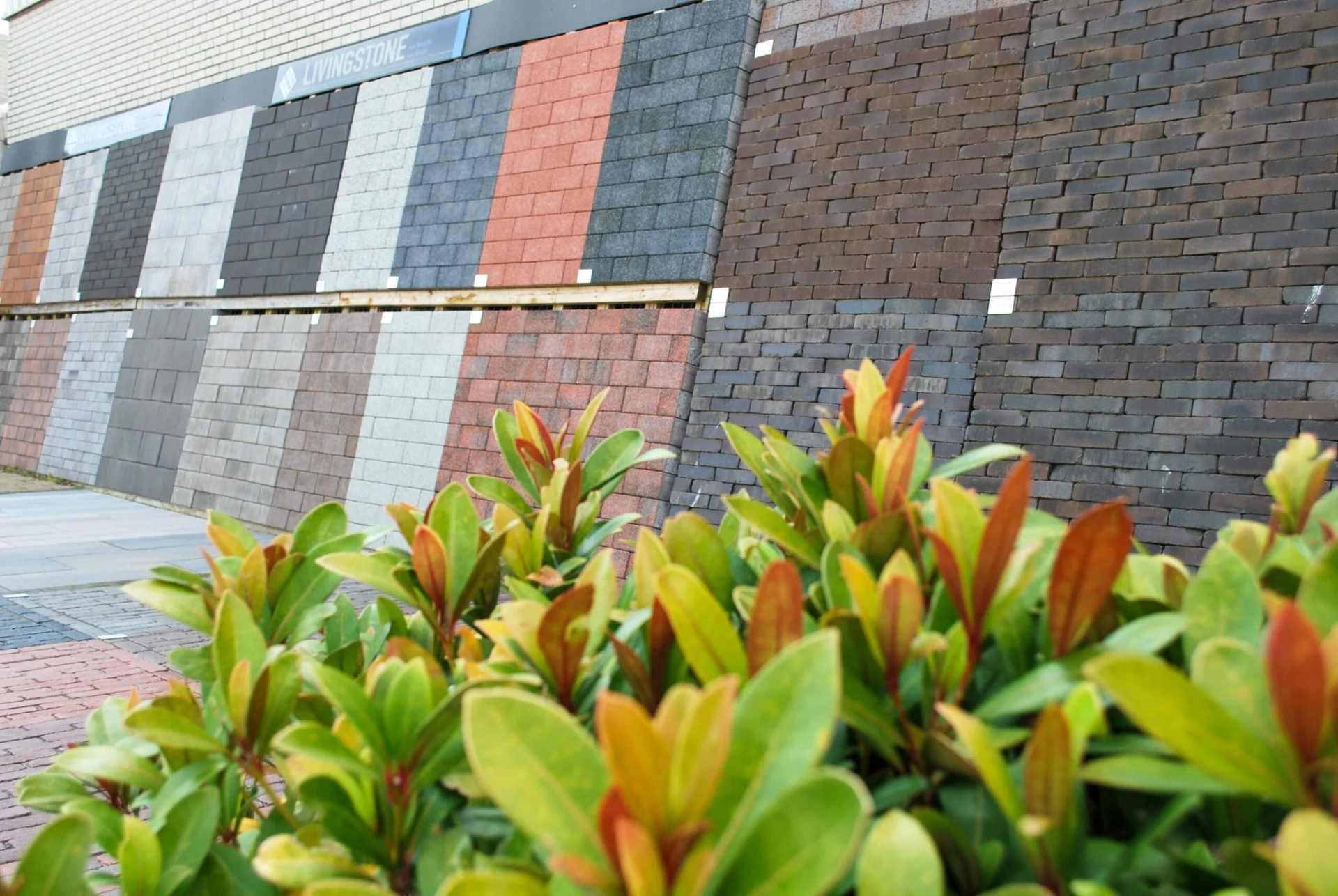Bestrating Zuid-holland Een buitendisplay met verschillende soorten dakshingles in diverse kleuren en gebakken klinkers, geschikt voor daken, opritten en tuinbestrating.
