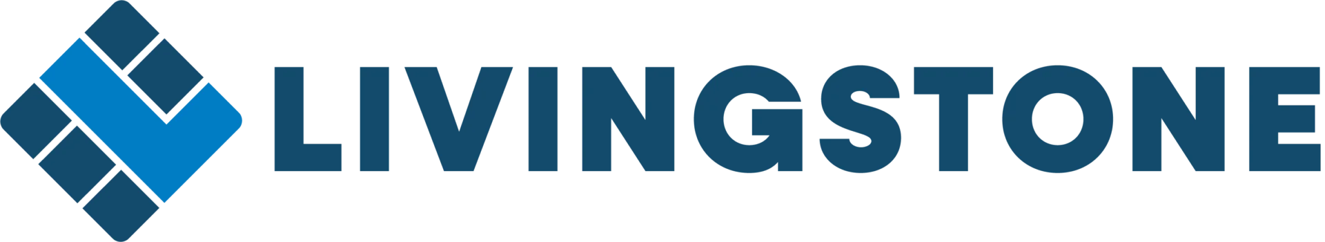 Logo van Livingstone, bestaande uit de bedrijfsnaam in vetgedrukte, donkerblauwe hoofdletters en een geometrisch gevormd icoon links, opgebouwd uit schuine lijnen in donker- en lichtblauw.