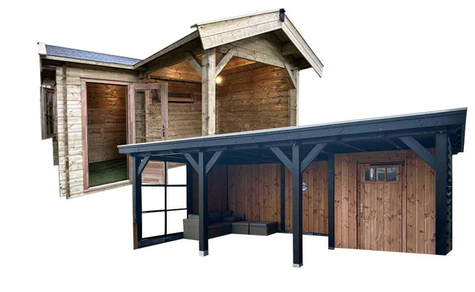 Tuinhout en blokhutten Twee houten blokhutten met overkapping, ideaal als tuinhuis of buitenverblijf. De ene blokhut heeft een klassieke uitstraling met een open doorgang, terwijl de andere een moderne zwarte overkapping combineert met een afgesloten opslagruimte.